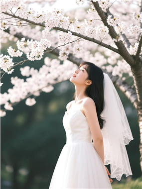 樱花树下白色婚纱美女写真图片